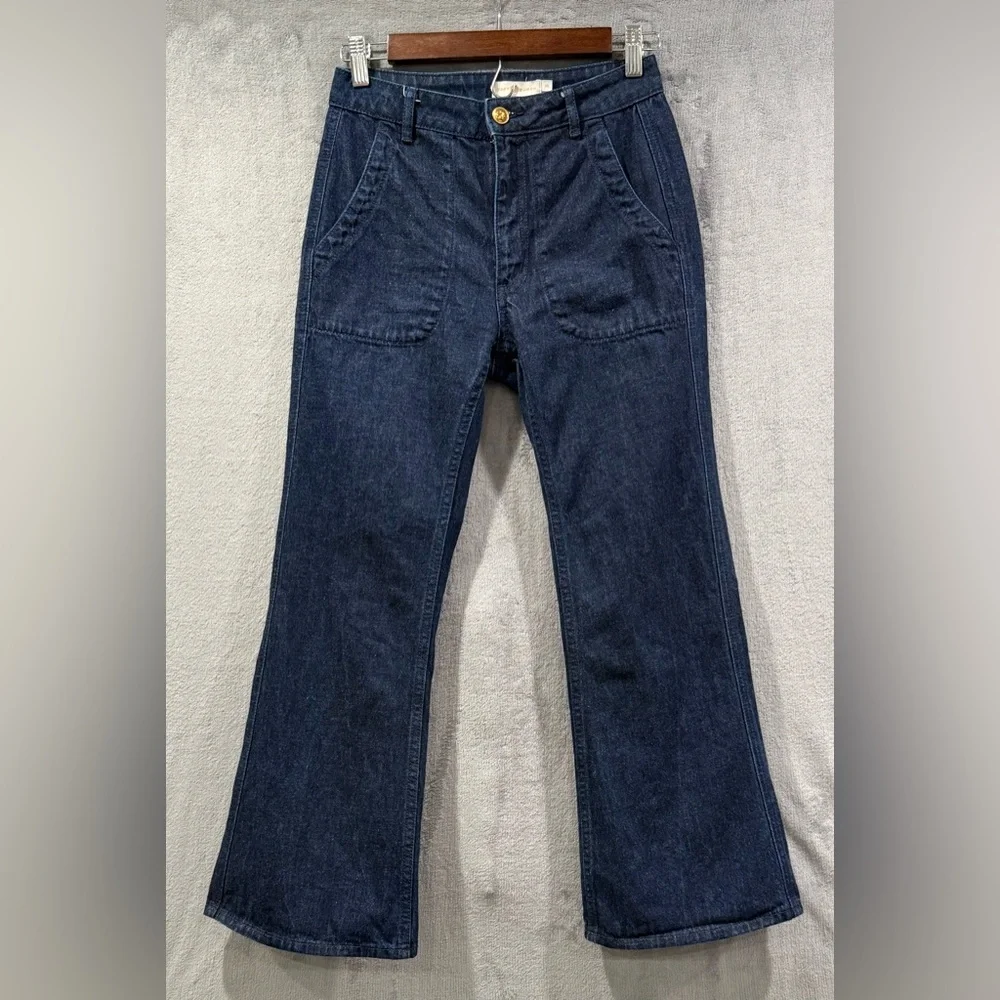 TORY BURCH High Rise Cropped Flare Jeans Women’s Size 25 in Blue Dark Wash